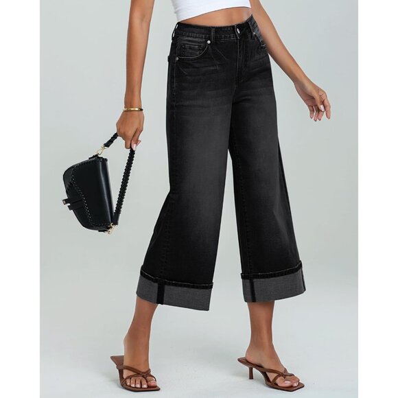 Wide Leg Jeans Women High Waisted Denim Crop Pants Casual Baggy Comfort - Picture 4 of 7